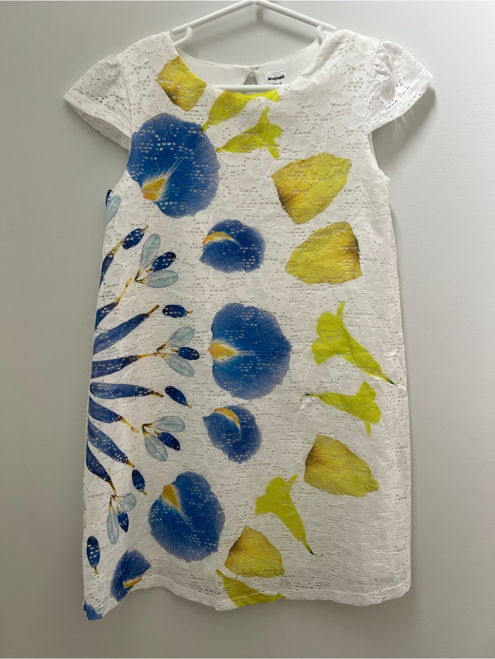 Desigual White Lace Dress with Blue & Yellow Floral Design